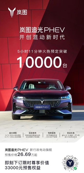 行政级礼宾座舱 岚图追光PHEV订单量已破10000辆