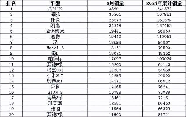 2024年6月汽车销量排行榜 问界M7M9齐上榜