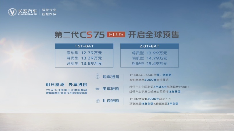 标配爱信8AT变速箱，第二代CS75PLUS正式预售，12.79万元起