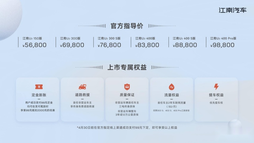 续航提供151km、305km和406km可选，江南U2上市5.68万