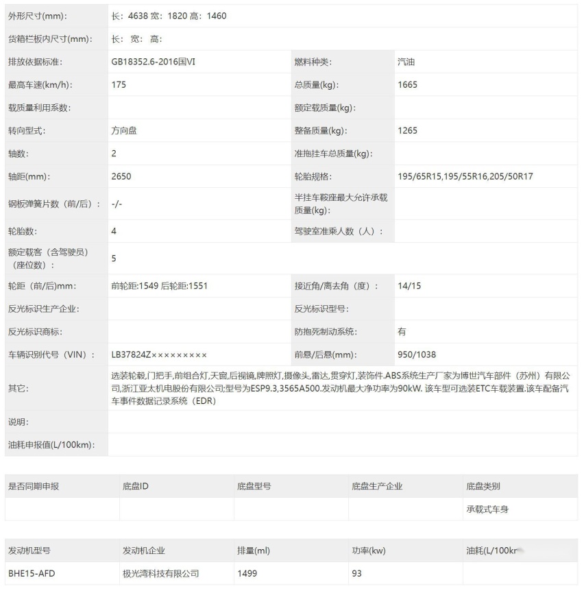 配1.5L自吸动力 新款吉利帝豪申报 外形小幅升级