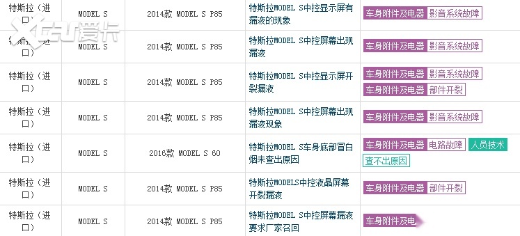 特斯拉（进口）Model S车机频频死机黑屏，液晶屏存在漏液