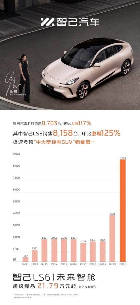 11月智己汽车销售8,703台，或成年度车圈黑马