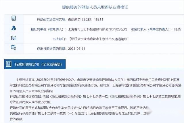上汽集团旗下享道出行宁波分公司被罚 驾驶员未获证提供服务