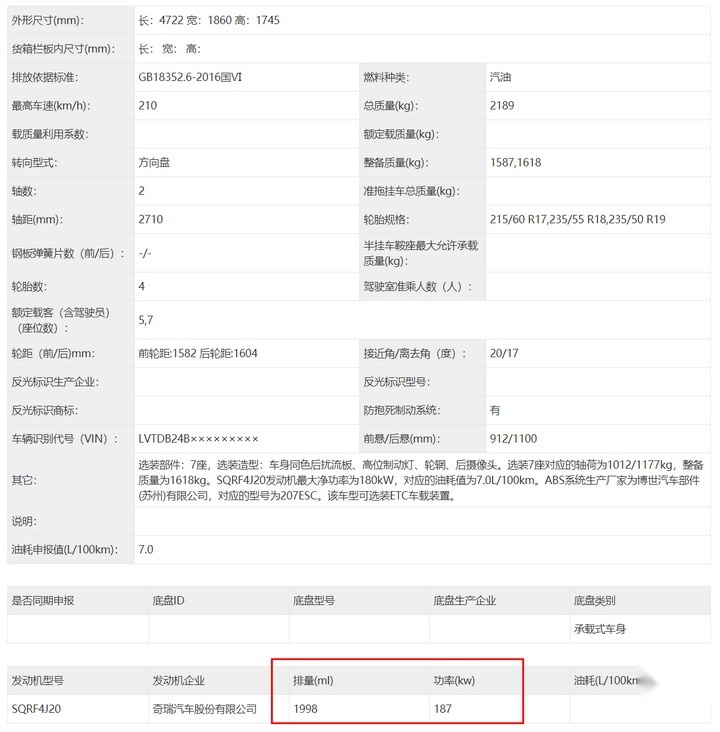 动力超越宝马5系，搭2.0T的瑞虎8申报信息曝光