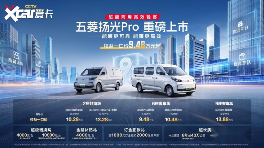 五菱扬光Pro上市，权益一口价9.48万起，提供多种续航版本