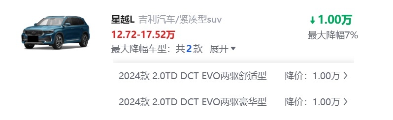 北欧风SUV价格动态解读：星越L终端优惠最高达到两万元