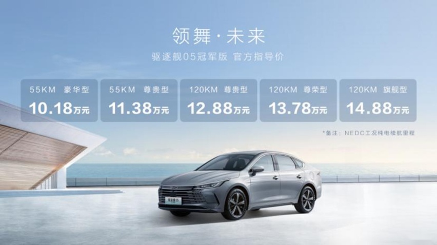 比亚迪驱逐舰05冠军版上市，售价10.18万-14.88万元