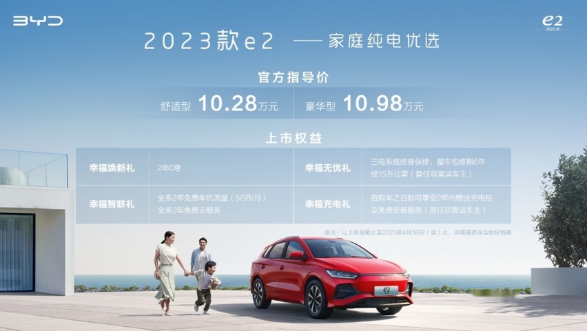 颜值、技术、智能三大升级，比亚迪2023款e2上市，售价10.28万起