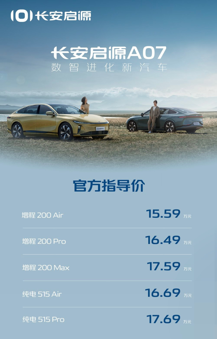 长安启源A07来了，15.59万起，纯电16.69万起