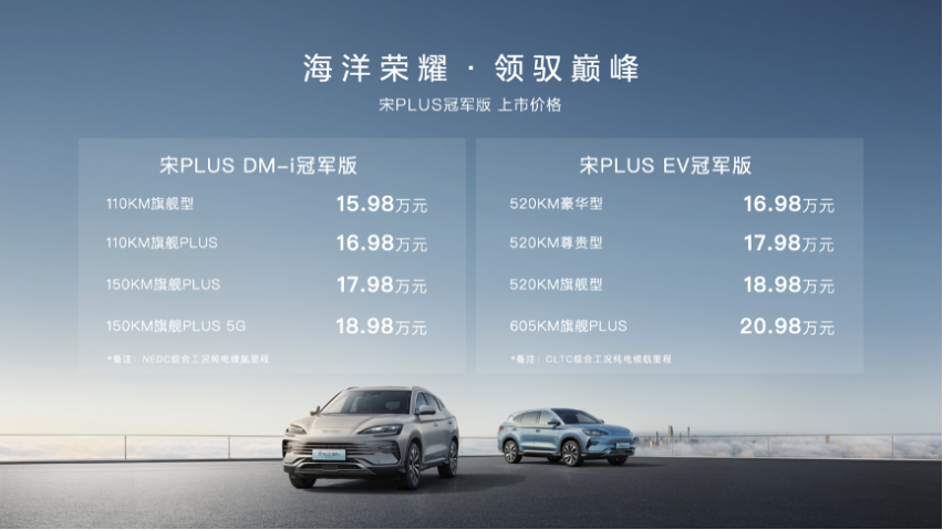 超然进阶 比亚迪宋PLUS冠军版正式上市 售价15.98万元-20.9