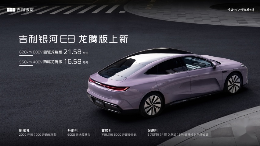 吉利银河E8两驱龙腾版+四驱龙腾版正式发布，售价16.58w起