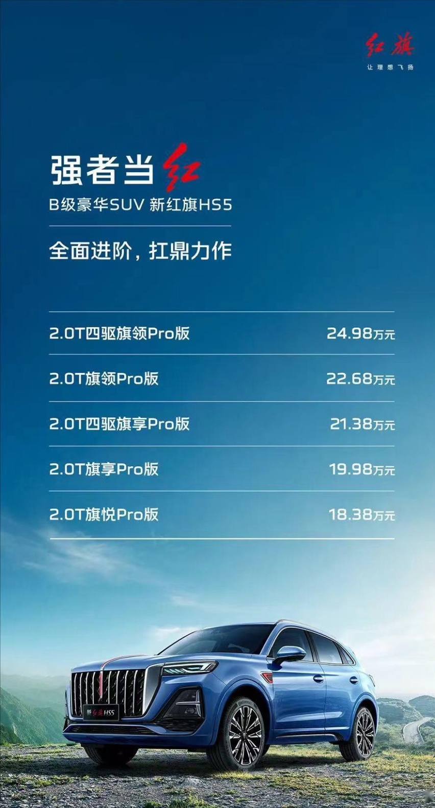 全系标配2.0T！红旗新款HS5正式上市，18.38万起