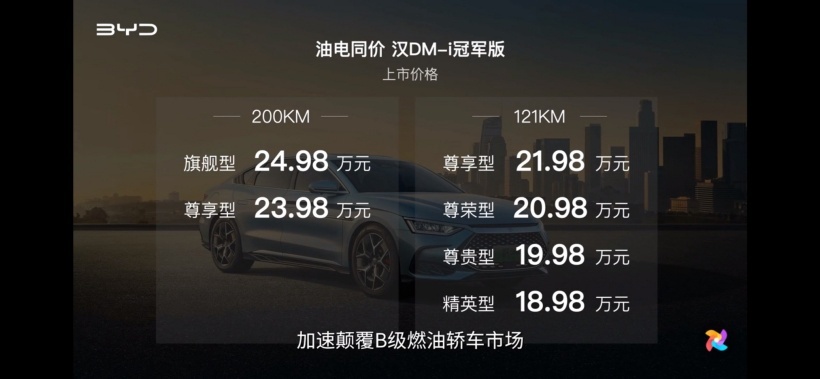 18.98 万起 搭载云辇-C系统 汉DM-i冠军版、汉DM-p战神版