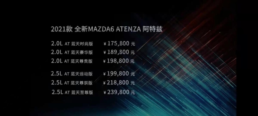 2021款全新MAZDA6 ATENZA阿特兹上市，6款车型