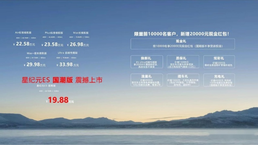 奇瑞不客气 星纪元ES限量现金礼包2万元 “国潮版”19.88万元上市