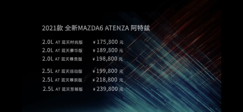 2021款马自达阿特兹上市，售价17.58-23.98万元