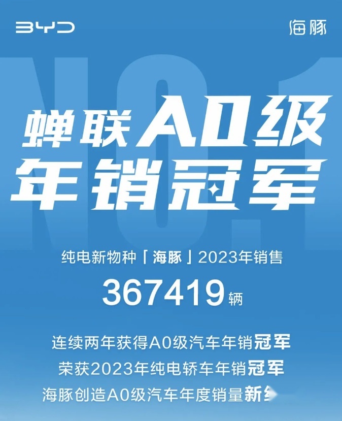 全年热销，比亚迪海豚获得2023年A0市场级销冠