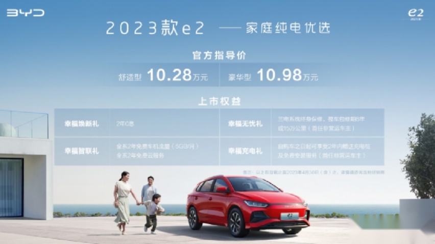 10万级家庭纯电优选！比亚迪2023款e2售10.28万元起
