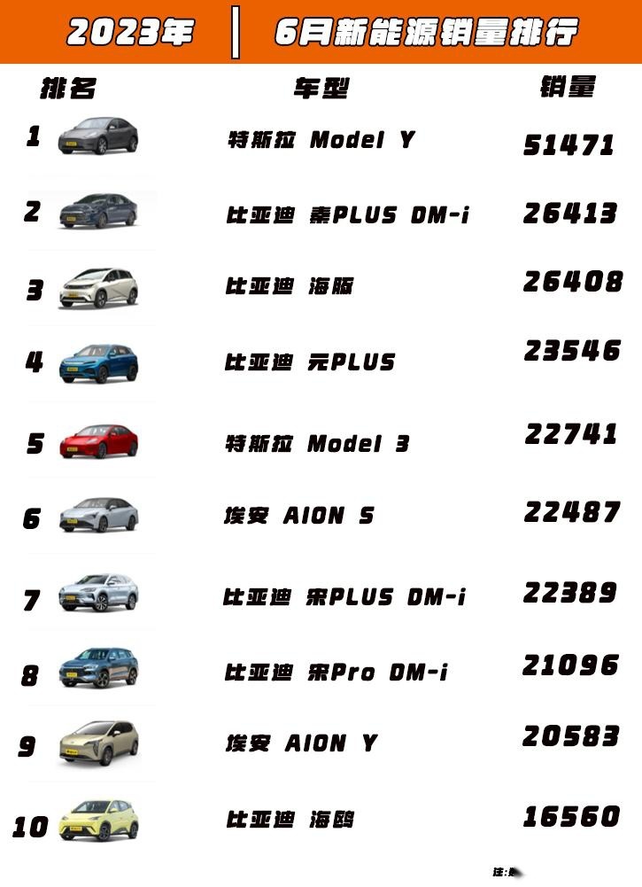 6月新能源销量：Model Y重返第一，海鸥三个月成主力军