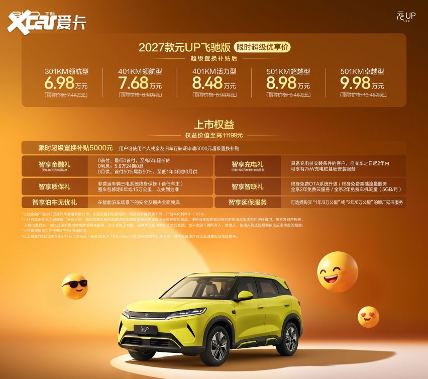 新款元UP飞驰版上市：8万级纯电SUV，都卷到500km续航了？