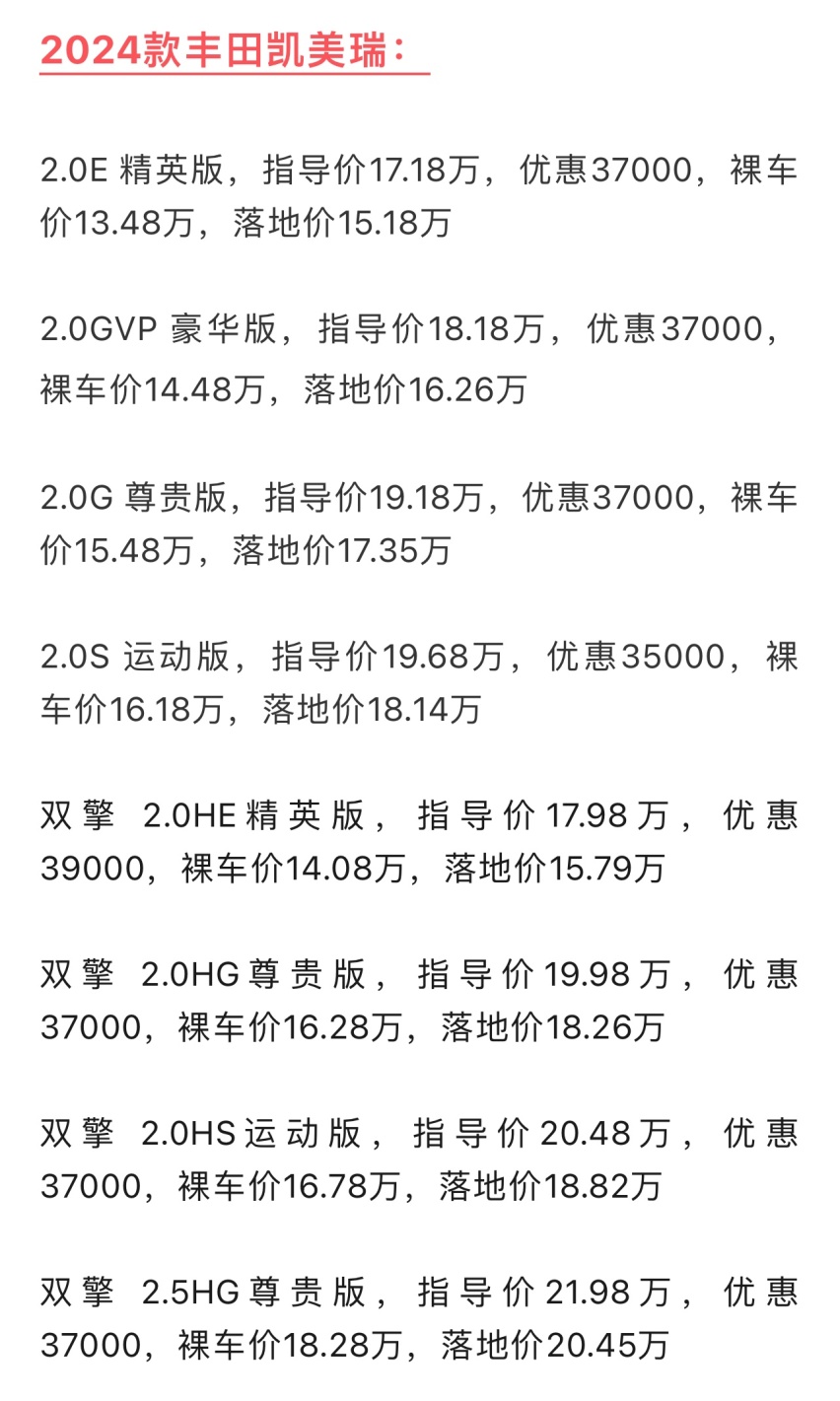 2024款凯美瑞落地参考，百公里油耗5.13升，这些优缺点买前要知道