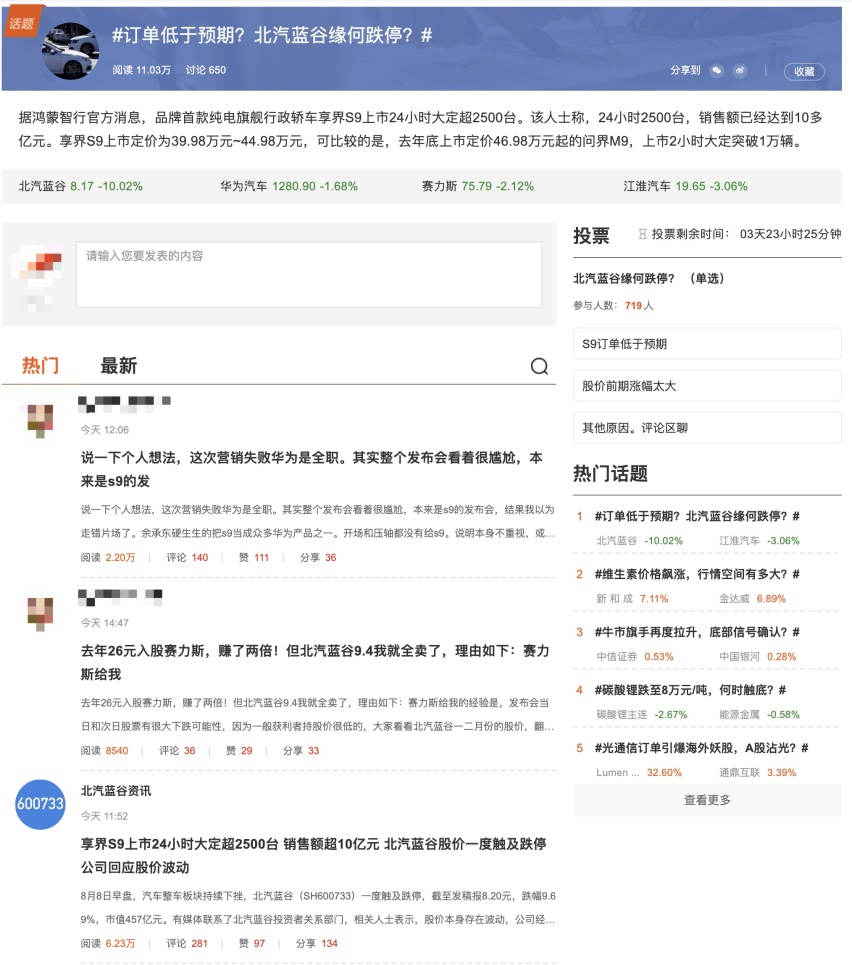 投资者不满享界S9订单量，北汽蓝谷直接跌停