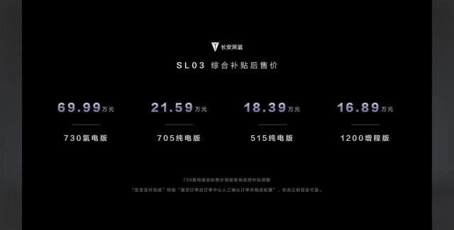 长安深蓝SL03上市，纯电、增程、氢电三种动力，售价16.89万-69