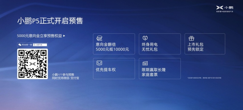 定位百变舒适智能家轿的小鹏P5正式开启预售，预售价为16-23万元
