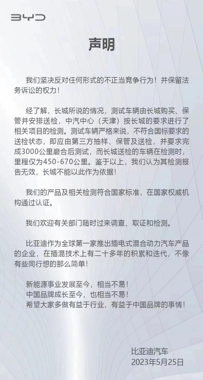 长城汽车举报比亚迪该有个结果了