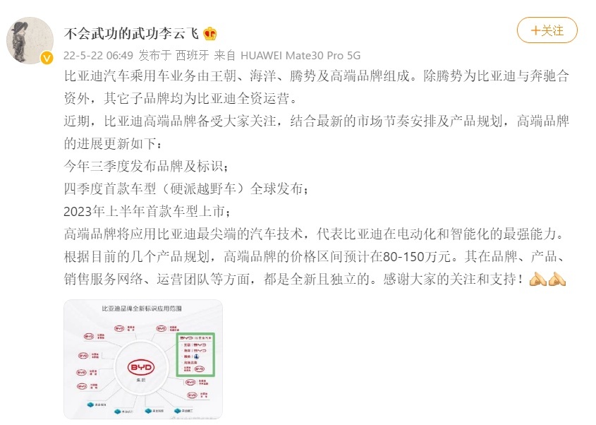 比亚迪“星际”下半年发布，最高售价150万，与华为合作保销量？