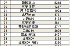 2024年1-11月国内汽车销量排行榜