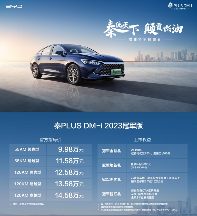 9.98万元—14.58万元，秦PLUS DM-i 2023冠军版上市