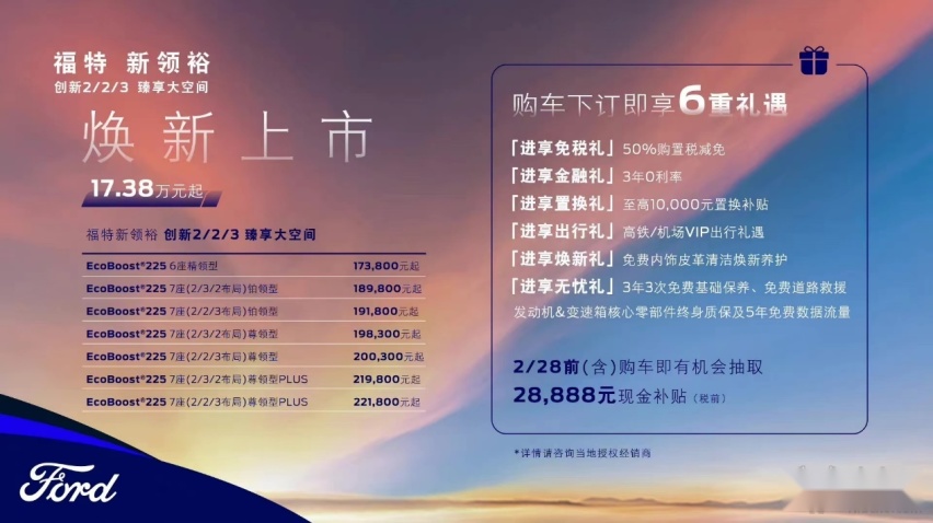 福特新领裕上市17.38万起，不到20万就能买到6/7座大尺寸SUV？