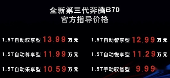 云端发布，售价9.99万元起，全新第三代奔腾B70正式上市