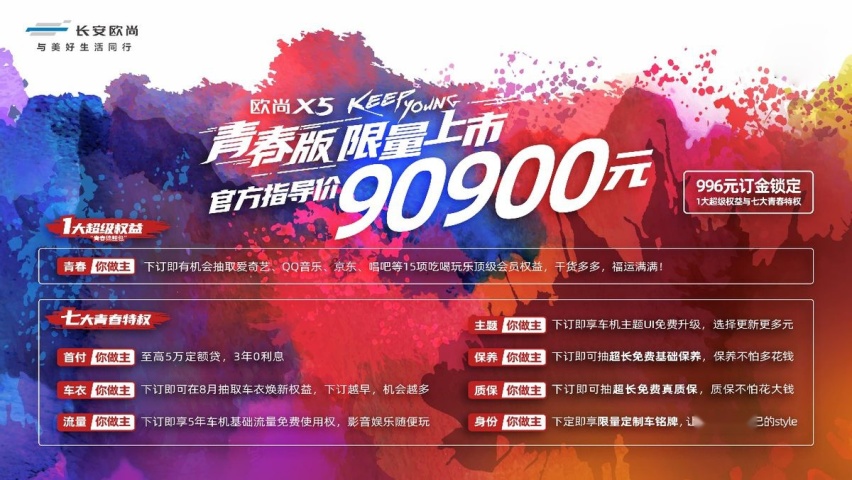 长安欧尚X5青春版正式上市,售价9.09万元,限量996辆