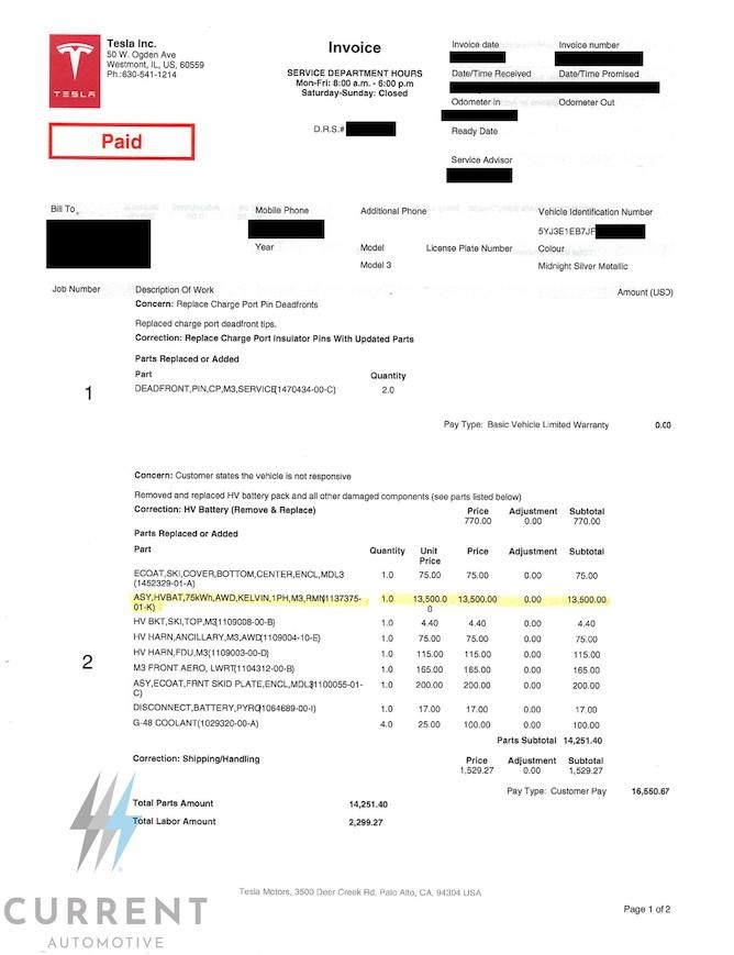 特斯拉Model 3换电池要10万，让车主心在淌血的维修帐单