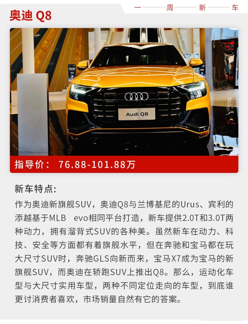 RAV4荣放/奥迪Q8领衔，6到100万都有，本周新车看它们