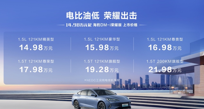 继续上强度，比亚迪海豹DM-i荣耀版上市，起售价14.98万