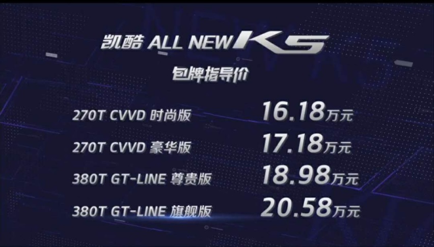 全新起亚K5凯酷上市,包牌价16.18万起,引领韩系车归来