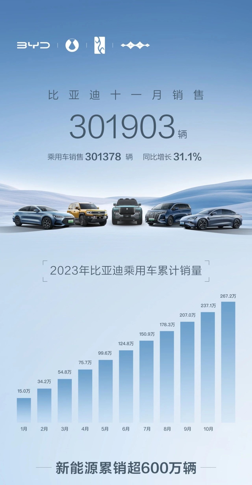 11月销量再次突破30万，比亚迪持续领跑新能源市场