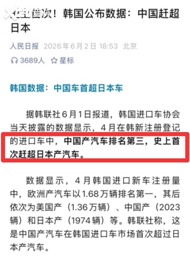 人民日报关注：中国汽车在韩首超日本，极氪品牌领衔中国豪华