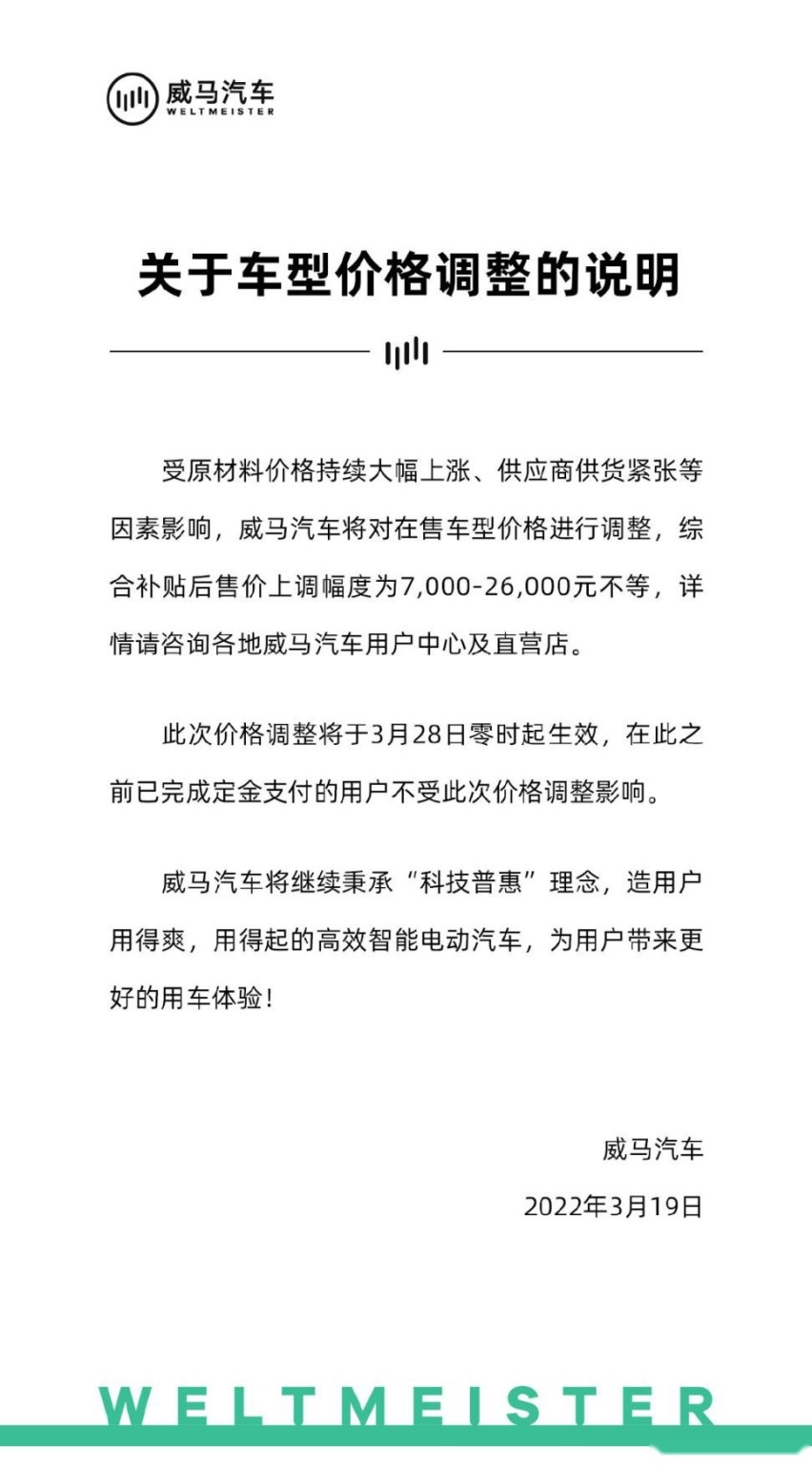 涨幅高达2.6万元，威马汽车开启第二轮涨价