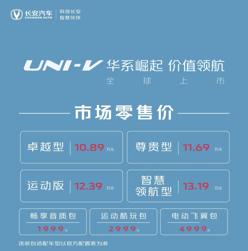 方舟架构首款轿车长安UNI-V上市，售10.89-13.19万