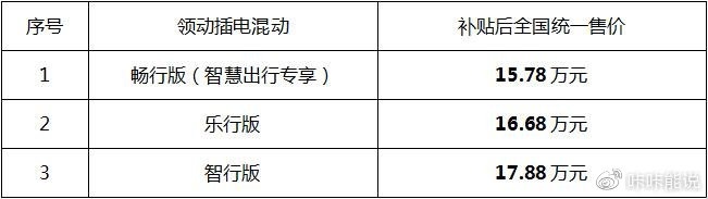 为“精-质”而生，领动插电混动补贴后全国统一售价15.78万