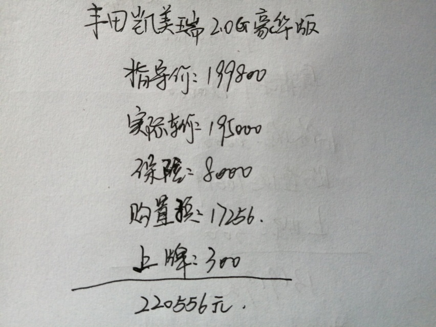 入手丰田凯美瑞2.0G豪华版，大家看看我的价格便宜吗？