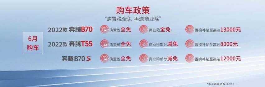 购置税全免 再送商业险 一汽奔腾2022款B70及T55中区上市