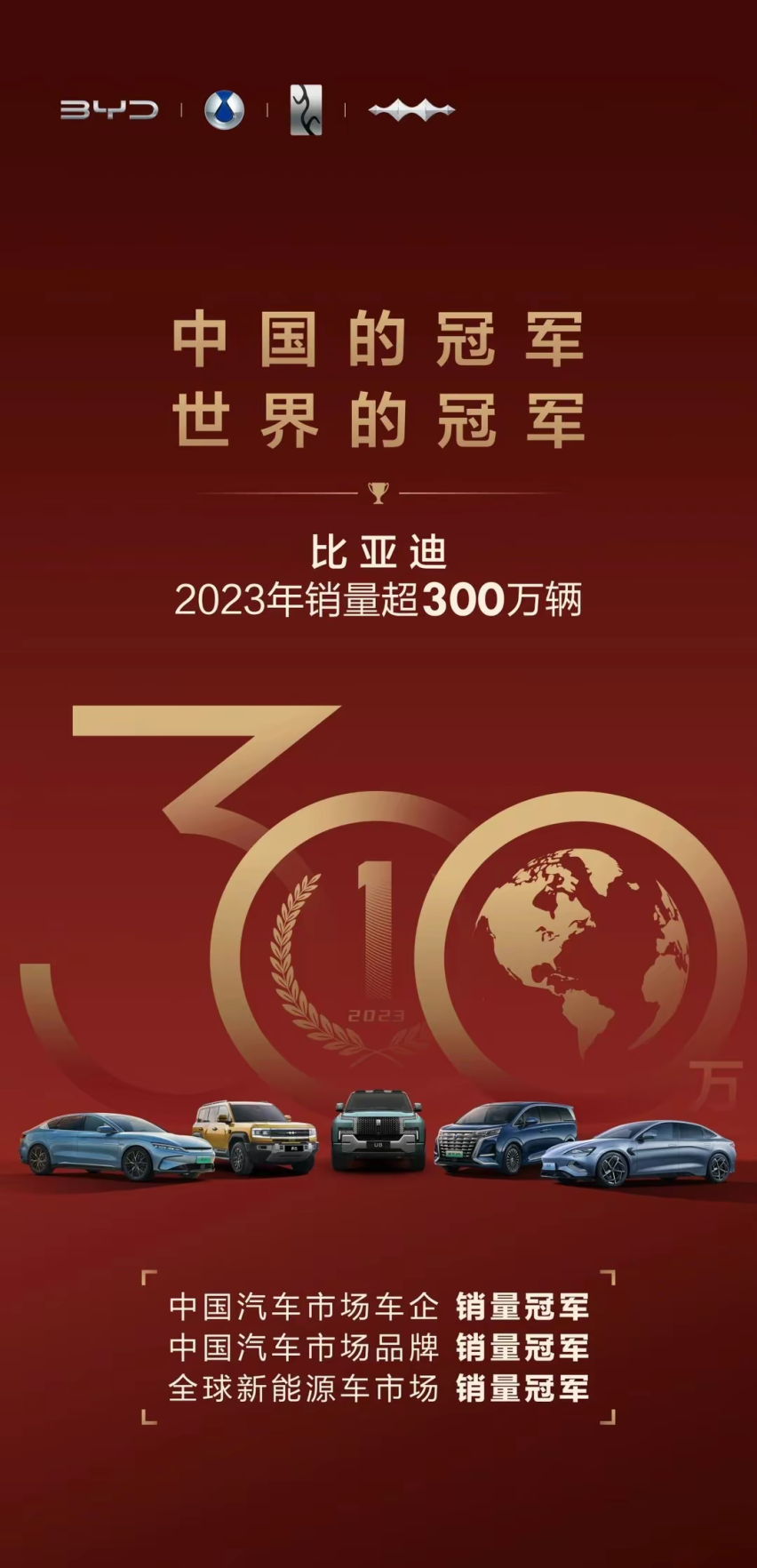 超额完成目标！比亚迪23年销量破300万！