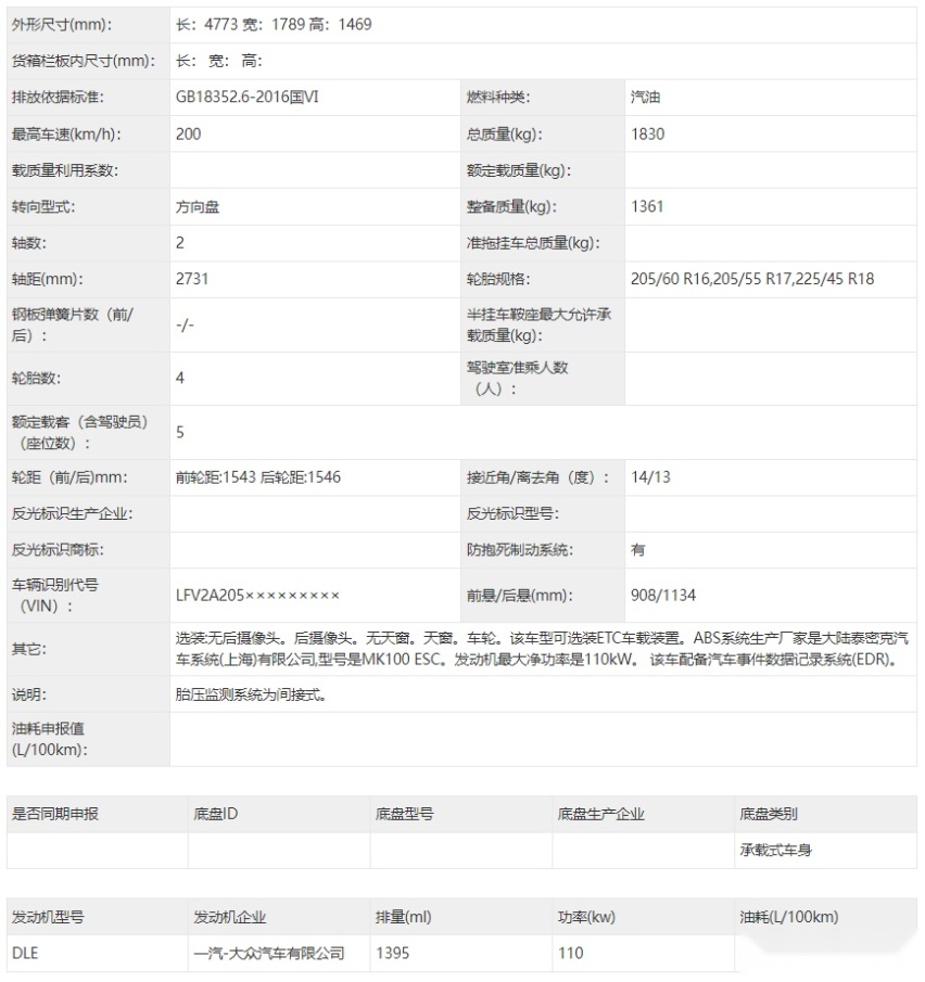 捷达VA7现身新车申报目录，发动机和变速器类型确认