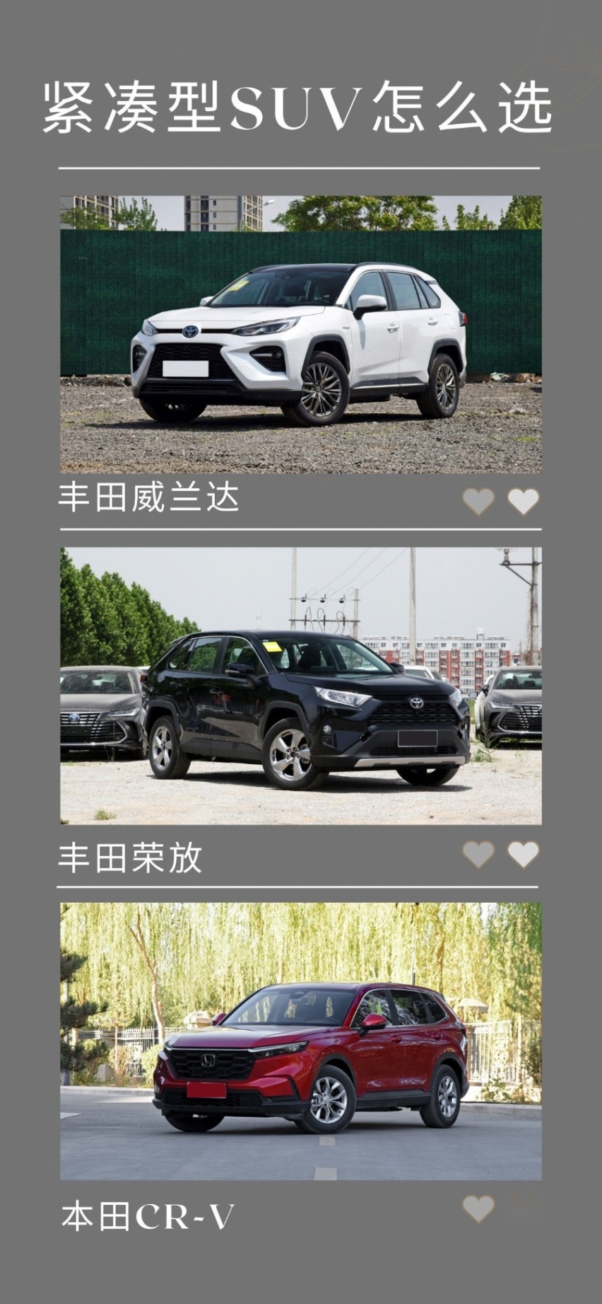 紧凑型SUV怎么选？丰田威兰达对比丰田荣放和本田CR-V